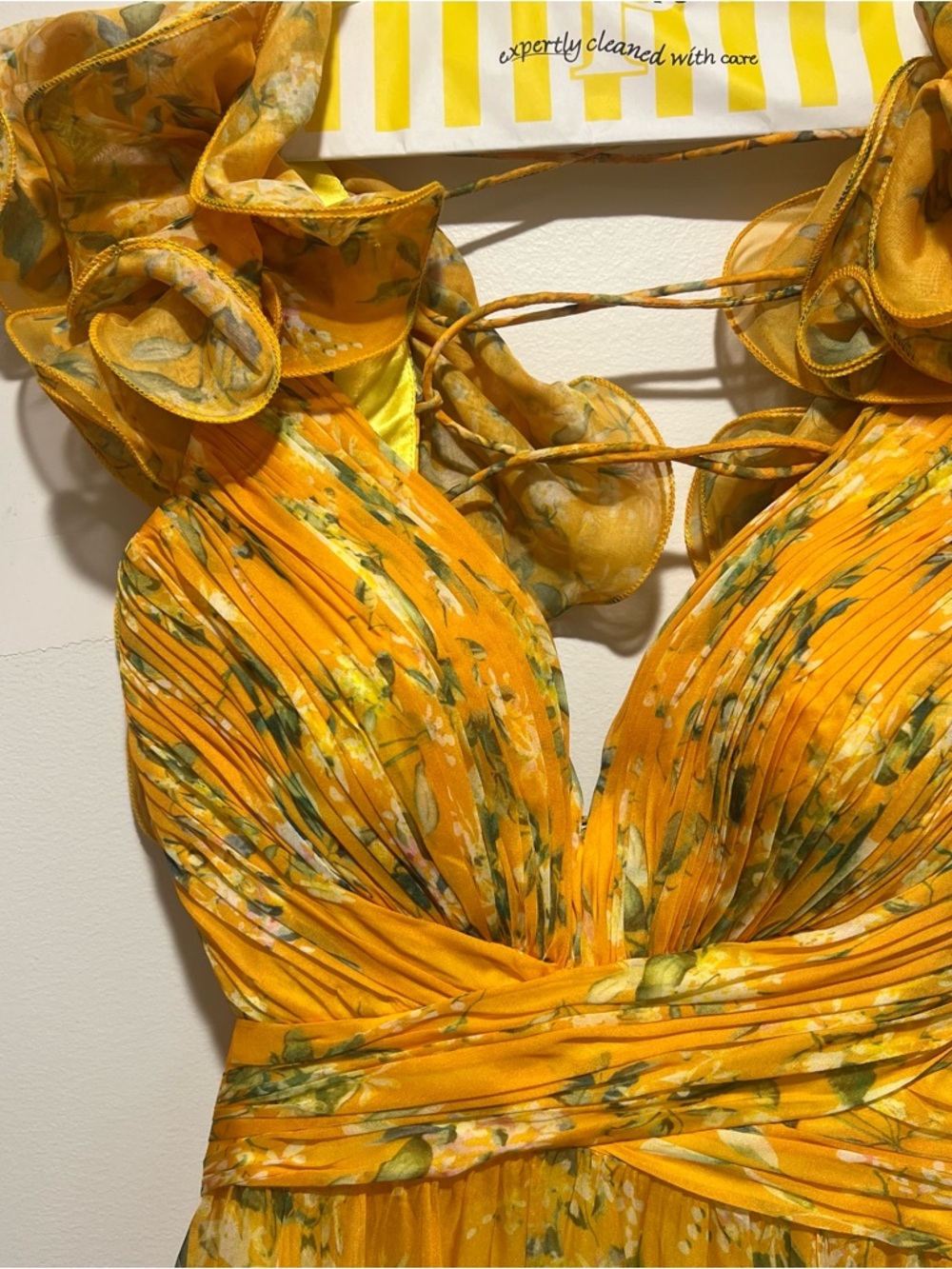 Mac Duggal Ruffle Tiered Floral Cut-Out Chiffon Gown in Lemon Multi